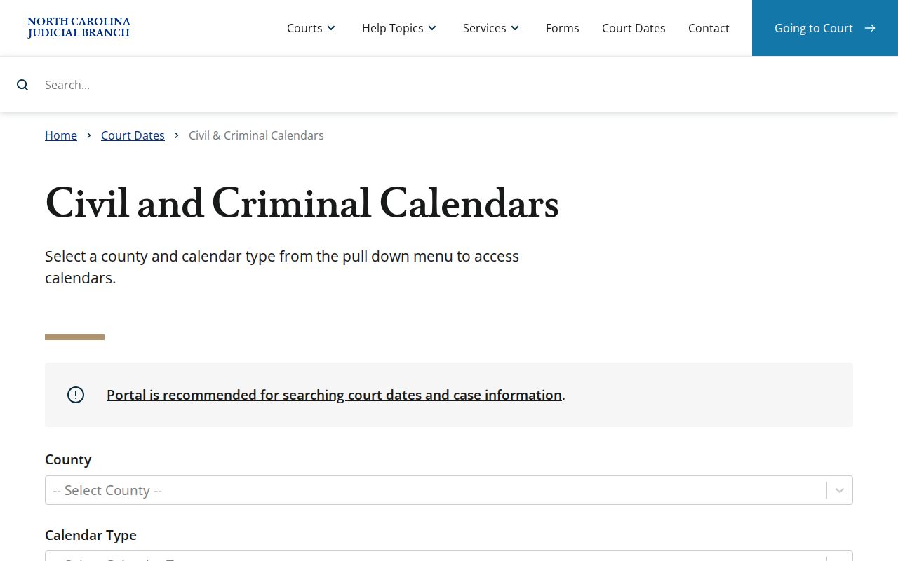 Vance County court schedule civil and criminal calendar selector