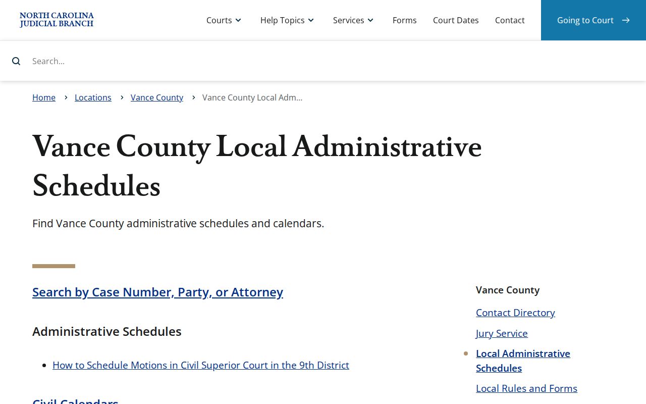 Vance County court schedule local administrative schedules page