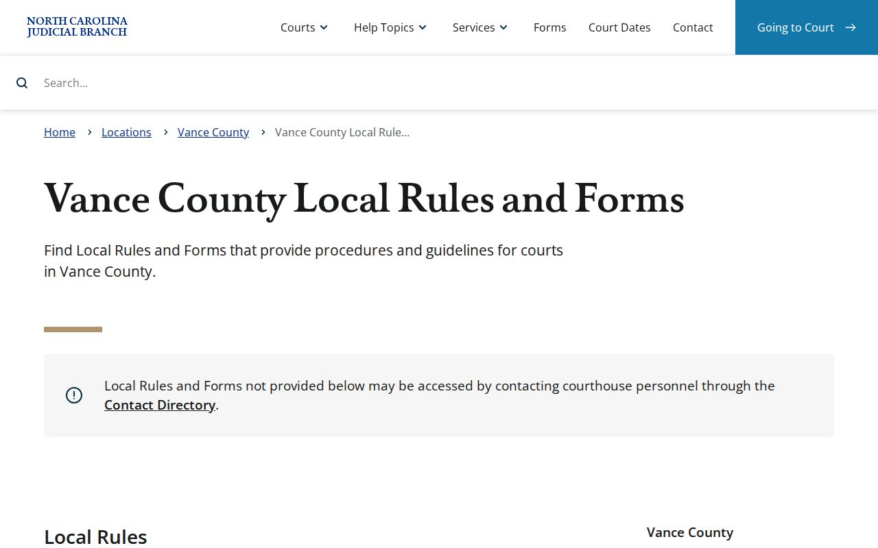 Vance County criminal court docket local rules and calendar materials