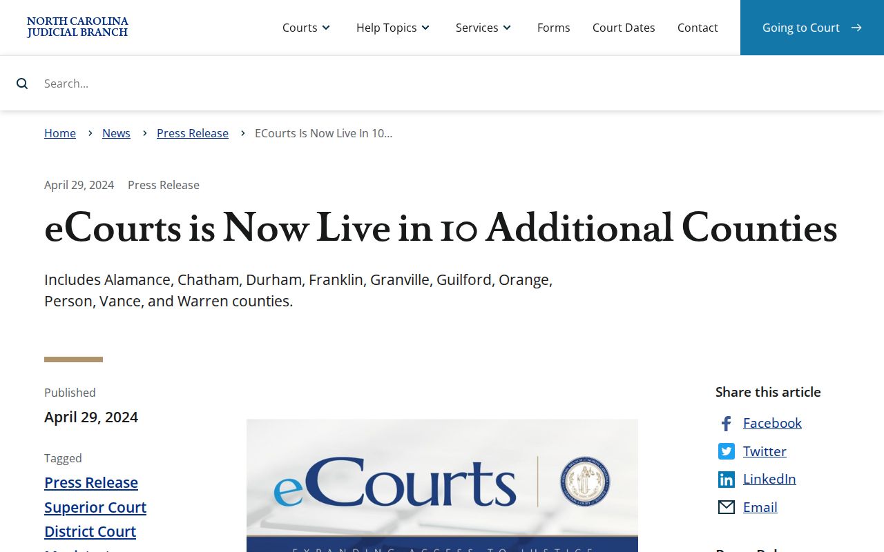 Vance County court docket eCourts launch announcement
