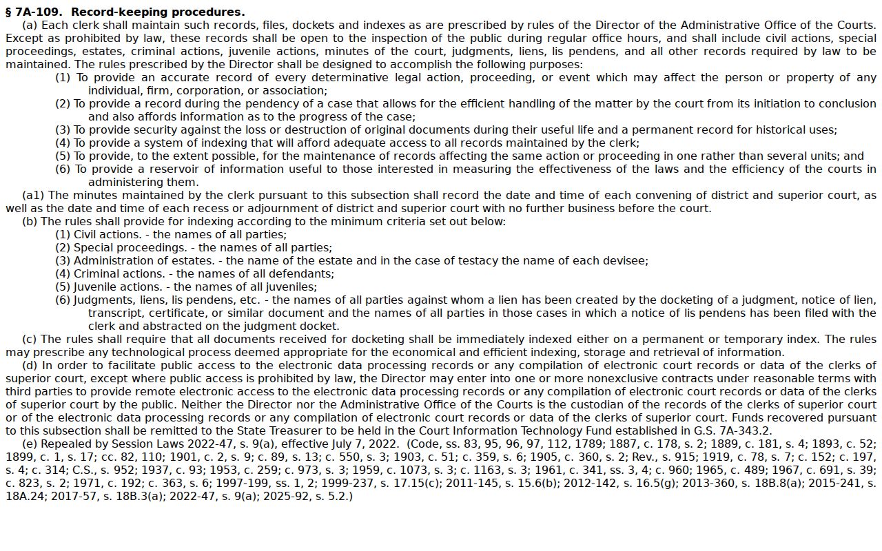 Vance County court docket public inspection statute